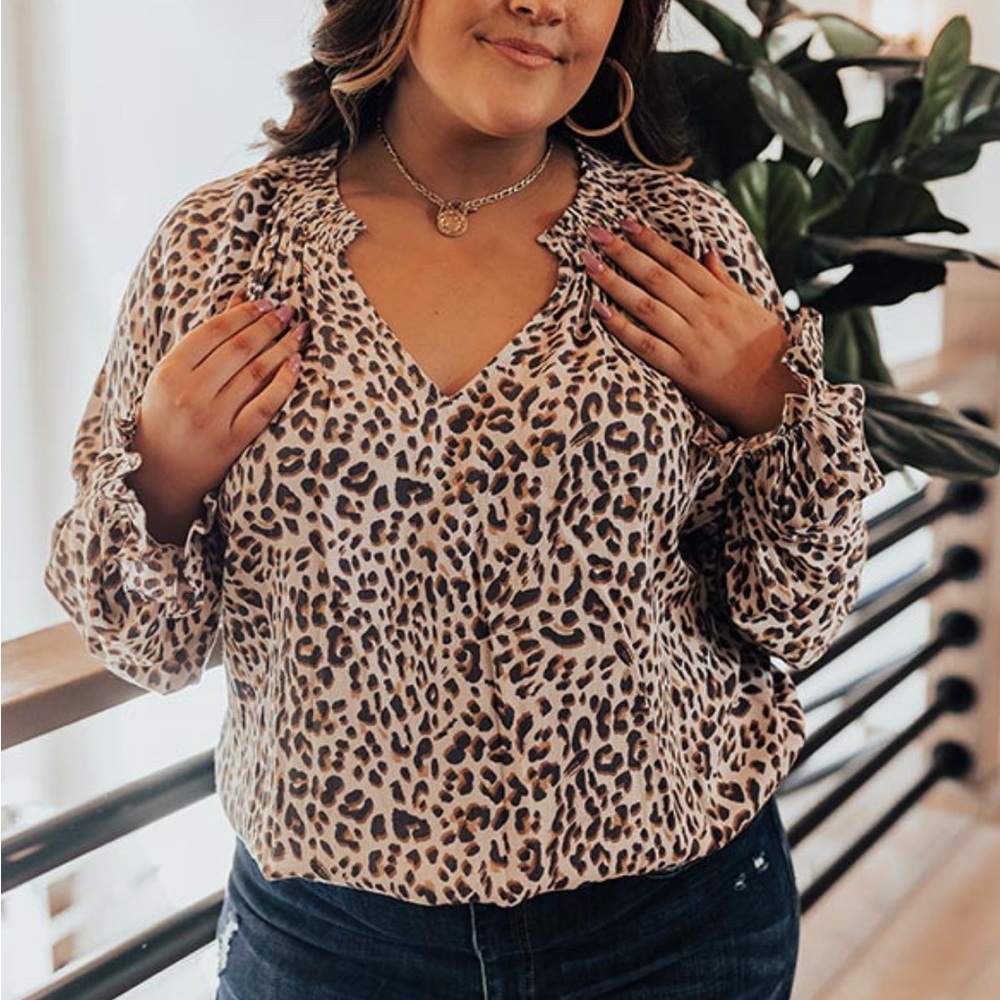 Merritt Leopard Print V-Neck Blouse, 1XL